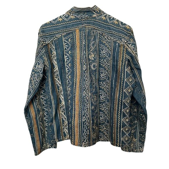 CHICO'S Denim Gold All Over Embroidered Sequinned Button Down Show Shirt Size M - Picture 3 of 10